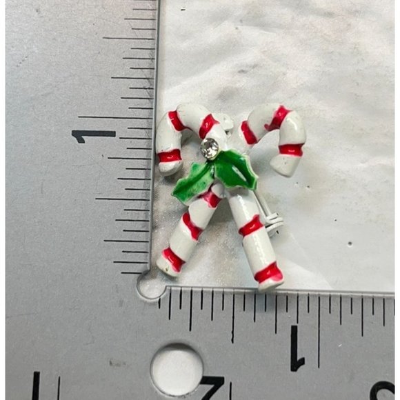 Vintage Candy Cane Christmas Pin Brooch White Red Striped with Holly Leaf - Picture 3 of 6